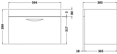 Technical image of Hudson Reed Memoir 600 Wall Hung Vanity Unit & 122 Basin (Blonde Oak).