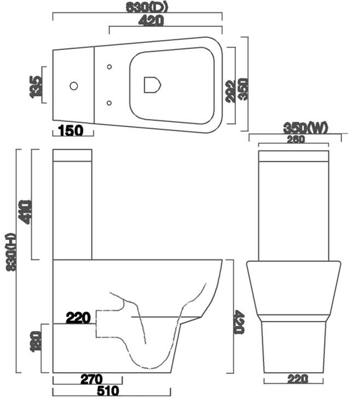 Technical image of Premier Ceramics Flush To Wall Toilet With Seat, Basin & Full Pedestal.