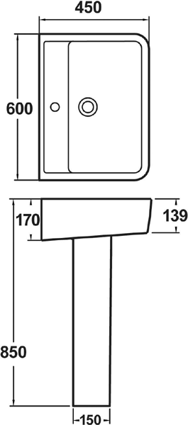 Technical image of Hudson Reed Ceramics Basin & Full Pedestal (1 Tap Hole, 600mm).