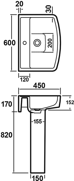 Technical image of Premier Ambrose 600mm Basin & Full Pedestal.