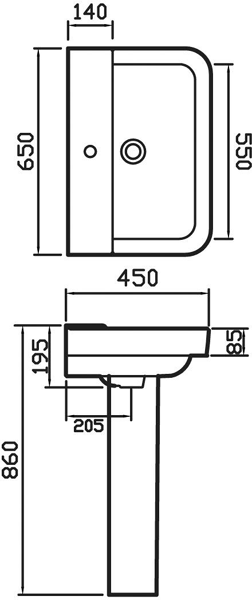 Technical image of Hudson Reed Ceramics Basin & Full Pedestal (1 Tap Hole, 650mm).