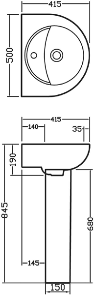 Technical image of Ultra Jardine Basin & Full Pedestal (1 Tap Hole, 500mm).