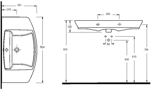 Technical image of Premier Ceramics Clara Suite With Toilet, 850mm Basin & Full Pedestal.