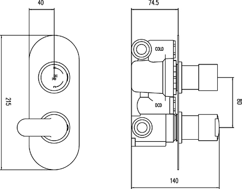 Technical image of Hudson Reed Dias 3/4" Twin Thermostatic Shower Valve With Diverter.