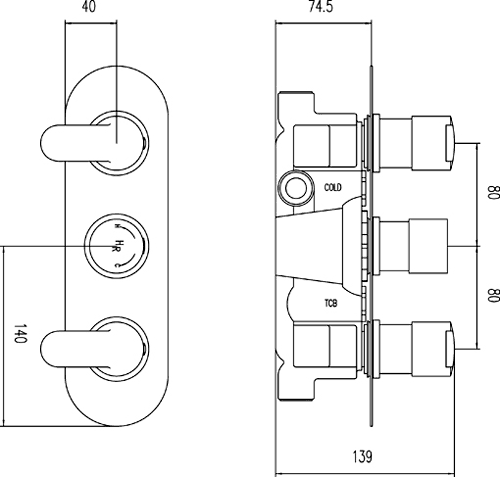 Technical image of Hudson Reed Dias Triple Concealed Thermostatic Shower Valve (Chrome).