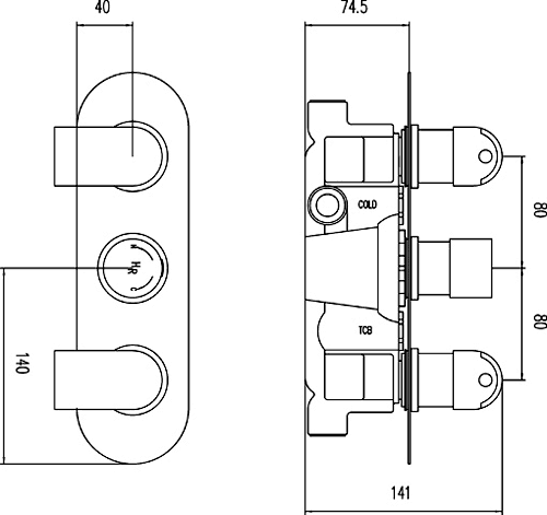 Technical image of Hudson Reed Epic Triple Concealed Thermostatic Shower Valve (Chrome).