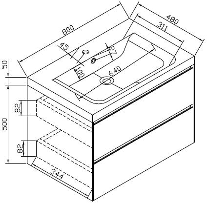 Technical image of Hudson Reed Erin Wall Mounted Vanity Pack With Basin (Textured Oak).