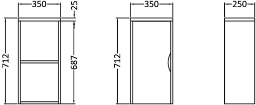 Technical image of Premier Parade Wall Mounted Bathroom Storage Cabinet 350x712mm.