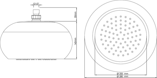 Technical image of Hudson Reed Showers Designer Round Shower Head (Black & Chrome).