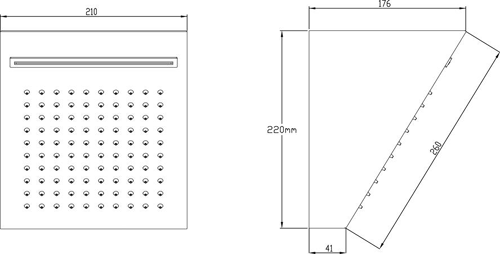 Technical image of Hudson Reed Showers Square Fixed Shower Head With Waterfall. 220x210mm.