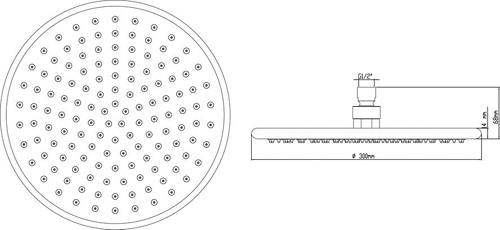 Technical image of Hudson Reed Showers Round Shower Head With Arm (300mm Diameter).