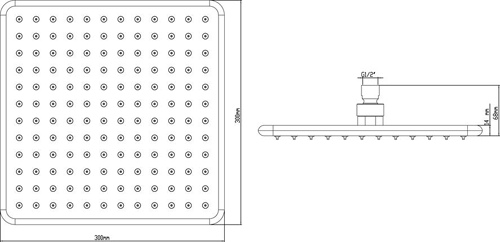 Technical image of Hudson Reed Showers Square Fixed Shower Head (300x300mm).