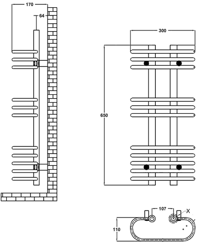 Technical image of Ultra Radiators Sway Cloakroom Heated Towel Rail (Chrome). 300x650mm