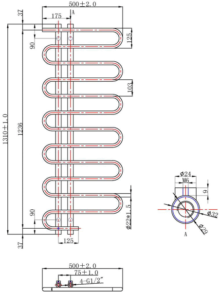 Technical image of Hudson Reed Finesse Twisted Towel Radiator. 1310x500 (Chrome).