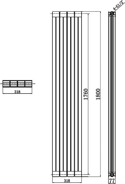 Technical image of Hudson Reed Radiators Rapture Radiator (Black). 318x1800mm. 5951 BTU.