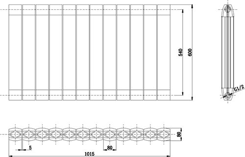 Technical image of Hudson Reed Radiators Nirvana Designer Radiator (Silver). 1015x600mm.