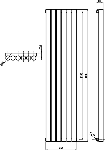 Technical image of Hudson Reed Radiators Savy Radiator (Silver). 354x1800mm. 3333 BTU.