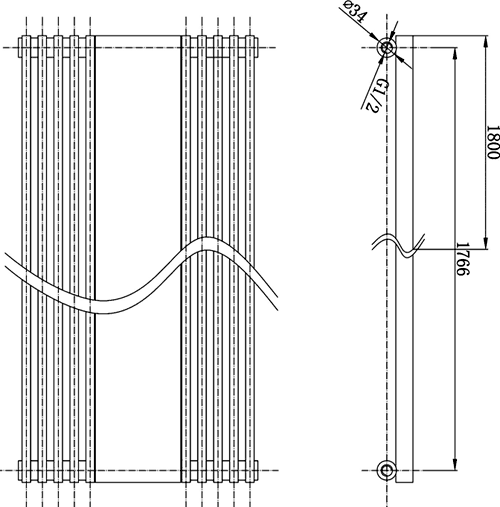 Technical image of Hudson Reed Radiators Silver Keida radiator with mirror.  1800 x 420mm. 3591 BTU.