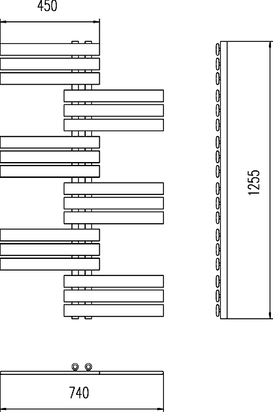 Technical image of HR Pro Series Signal Heated Towel Rail. 1255x740mm. 1900 BTU.