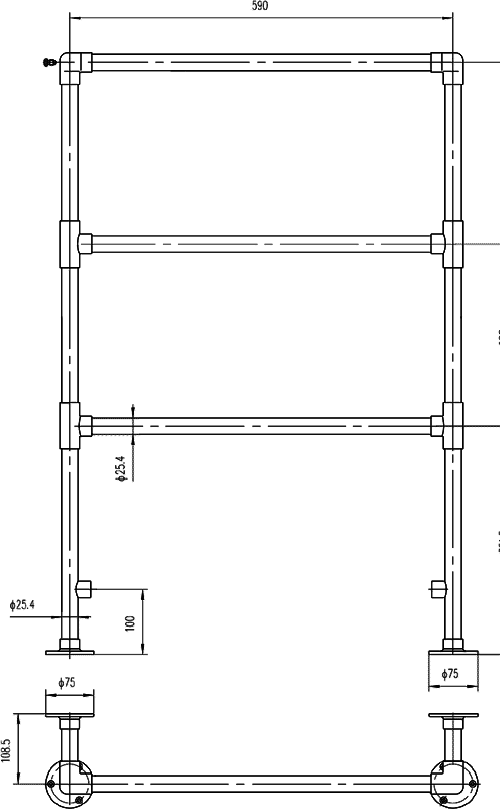 Technical image of Ultra Traditional Rads Stanford Heated Towel Rail. 610x920mm. 820 BTU.