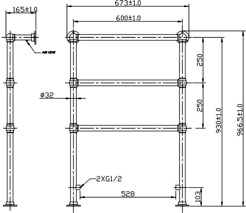 Technical image of Ultra Radiators Cambridge Heated Towel Rail (Chrome). 676x966mm.