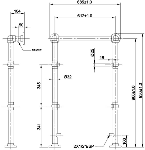 Technical image of Ultra Radiators Islington Heated Towel Rail (Chrome & White). 640x920mm.