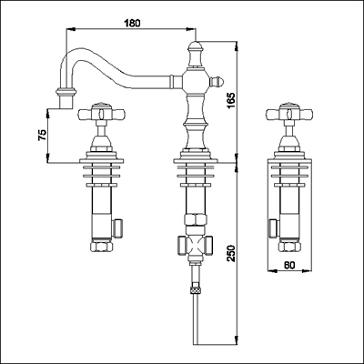 Technical image of Ultra Beaumont Luxury 3 Tap Hole Basin Mixer + Pop-up Waste (Chrome)