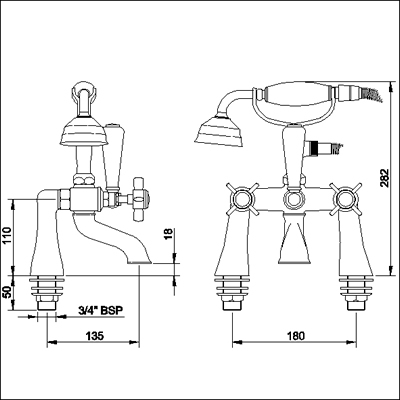 Technical image of Nuie Beaumont 3/4" Bath Shower Mixer (Chrome)