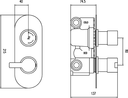 Technical image of Hudson Reed Icon 3/4" Twin Thermostatic Shower Valve With Diverter.