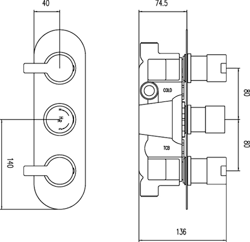 Technical image of Hudson Reed Icon Triple Concealed Thermostatic Shower Valve (Chrome).