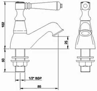 Technical image of Hudson Reed Jade Basin Taps & Bath Shower Mixer Tap Set With Lever Heads.