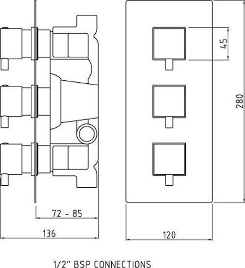 Technical image of Nuie Showers Triple Thermostatic Shower Valve, LED Head & Slide Rail Kit.