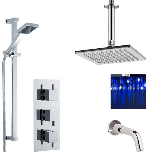 Larger image of Premier Showers Triple Shower Valve, LED Head & Slide Rail Kit & Bath Spout.