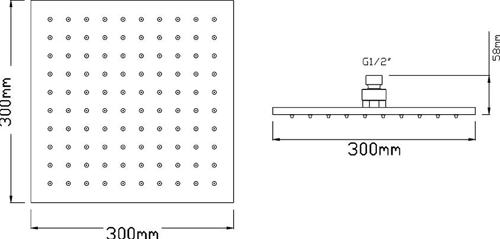 Technical image of Crown Showers Twin Thermostatic Shower Valve, Arm & Square Head 300mm.