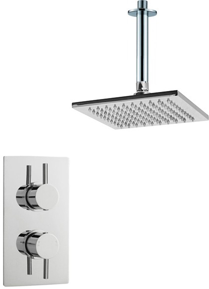 Larger image of Crown Showers Twin Thermostatic Shower Valve, Arm & Square Head 200mm.