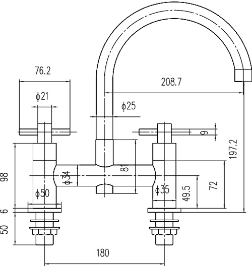 Technical image of Hudson Reed Kristal Deck Mounted Bath Filler With Swivel Spout.