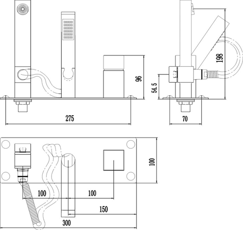 Technical image of Hudson Reed Kubix Wall Mounted Bath Shower Mixer Tap (Chrome).