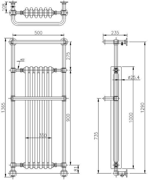 Technical image of HR Traditional Brampton Traditional Towel Radiator H1362 x W575 (Chrome).