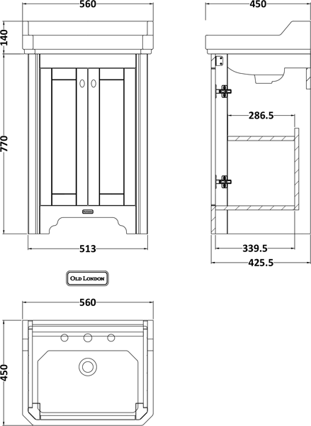 Technical image of Old London Furniture Vanity Unit With Basins 560mm (Grey, 1TH).