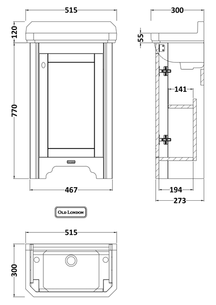 Technical image of Old London Furniture Cloakroom Vanity Unit With Basins 515mm (Sand, 2TH).