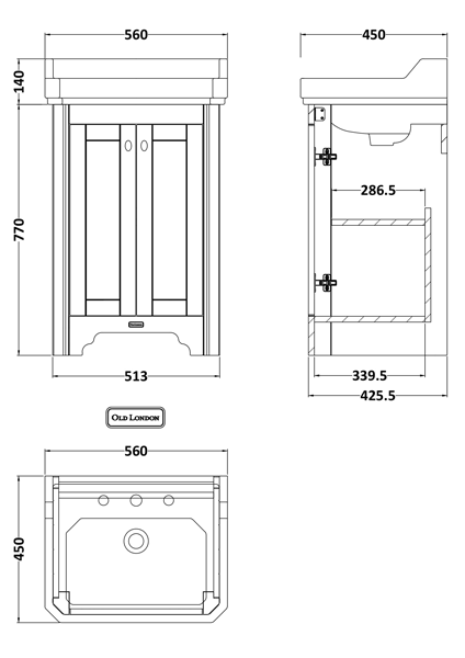 Technical image of Old London Furniture Vanity Unit With Basins 560mm (Sand, 2TH).