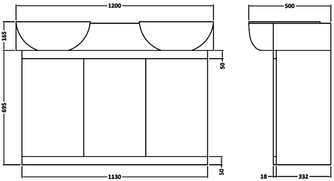 Technical image of Ultra Lux Vanity Unit With Double Ceramic Basin (White). 1200x695x500mm.