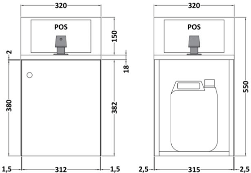 Technical image of Nuie Sanitise 4 x Wall Mounted Hand Sanitiser Stations & Pump Dispenser.