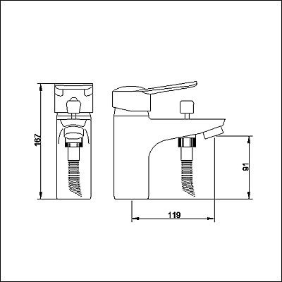 Technical image of Ultra Tara Rosa Single lever mono bath shower mixer.