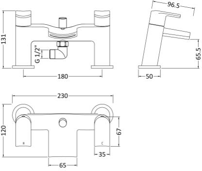 Technical image of Nuie Mona Waterfall Basin & Bath Shower Mixer Tap Pack (Chrome).