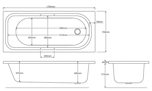 Technical image of Crown Baths Marshall Single Ended Acrylic Bath With Handles. 1700x700.