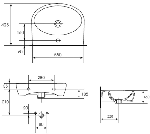 Technical image of Premier Cairo 550mm Basin & Full Pedestal (1 Tap Hole).