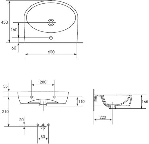 Technical image of Premier Cairo 600mm Basin & Full Pedestal (1 Tap Hole).