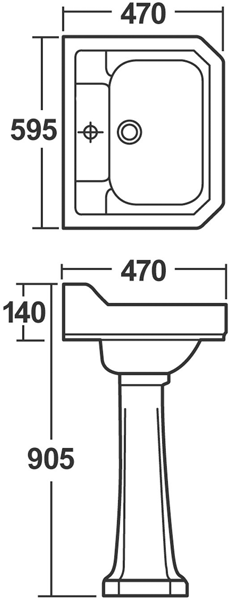 Technical image of Old London Richmond Traditional 600mm Basin & Pedestal (1 Tap Hole).