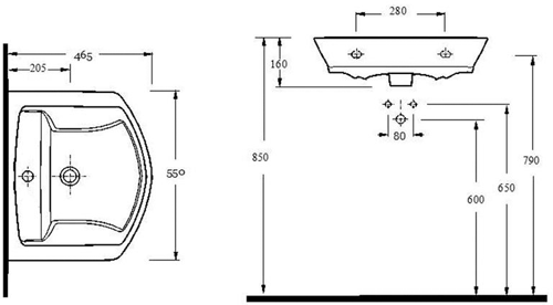 Technical image of Premier Ceramics Clara 550mm Basin & Full Pedestal.